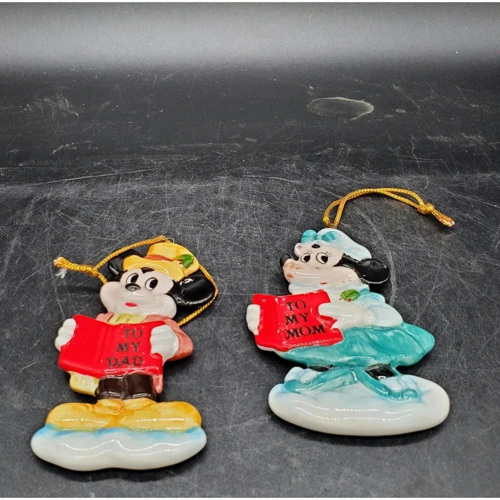 Vintage Set Of 2 Disney Christmas Ornaments Mickey Minnie Reading To My Dad